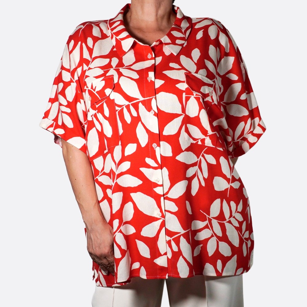 Eloquii Linen Button Down Shirt Coral Red Tropical Print 3X 4X Coastal NWT
